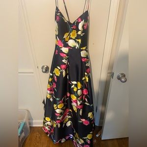 Eliza J Floral Print V Neck Ballgown in Navy